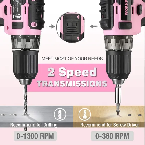 Miniatura 5 de WORKPRO Juego de taladro inalámbrico rosa de 20 V, portabrocas sin llave de 3/8 pulgadas, batería de iones de litio de 2.0 Ah, cargador rápido de 1