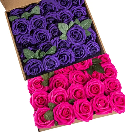 Miniatura 17 de Rosa artificial de espuma de 25 piezas de rosas falsas de aspecto real con tallos y hojas para decoración del hogar, fiestas, jardín, centros
