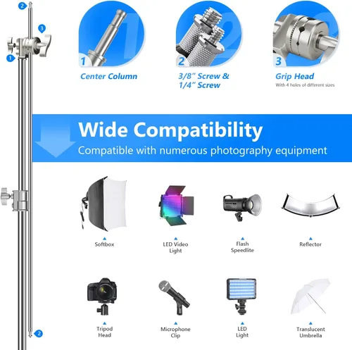 Miniatura 3 de NEEWER Soporte profesional en C resistente de acero inoxidable 100% con brazo de pluma, altura máxima de 10.5 pies, soporte de luz para fotografía