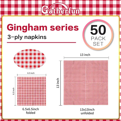 Miniatura 2 de Gatherfun Servilletas desechables de papel a cuadros rojos y blancos (paquete de 50)