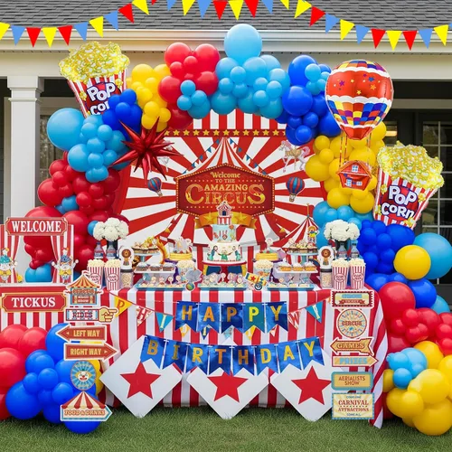 Miniatura 3 de Decoraciones de fiesta de cumpleaños con temática de circo e incluyen guirnalda de globos rojos, azules y amarillos y globos de papel de aluminio