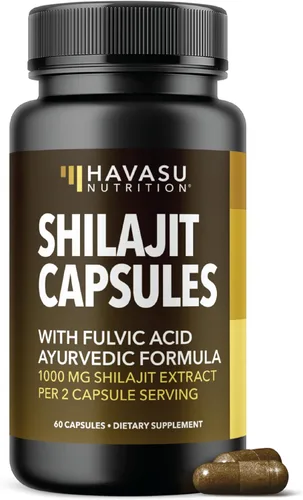 Shilajit Cápsulas para hombres y mujeres – 1000 mg de extracto de Shilajit (estandarizado al 20% de ácido fúlvico) – 60 unidades – Suplemento