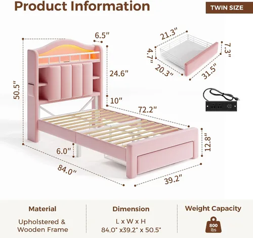 Miniatura 2 de Base de cama LED individual con cabecera de almacenamiento y 2 cajones de almacenamiento, cama tapizada de terciopelo princesa con diseño de Rosa