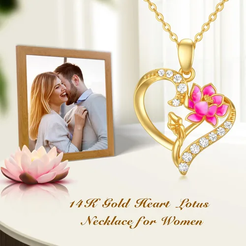 Miniatura 36 de Collar de flor de nacimiento de oro real de 14 quilates para mujer, oro amarillo creado moissanita con colgante de corazón, collares