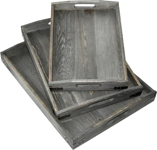 Owlgift Bandejas de madera gris vintage con detalles de metal de latón, juego de 3