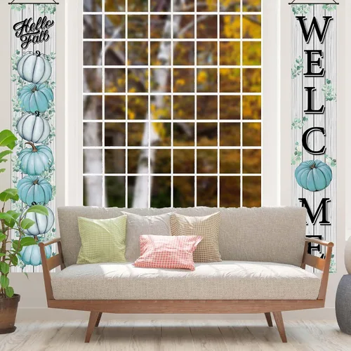 Miniatura 6 de Cartel de otoño de otoño con hojas de eucalipto de calabaza azul, decoración de Acción de Gracias, tablero para colgar en la pared, suministros