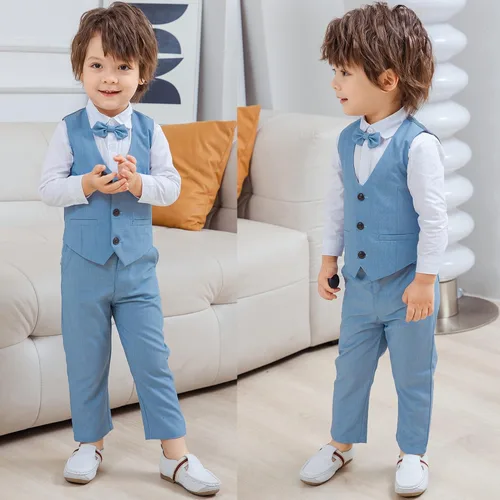Miniatura 3 de Conjunto de ropa de algodón de manga larga con corbatín + chaleco + pantalones para niños