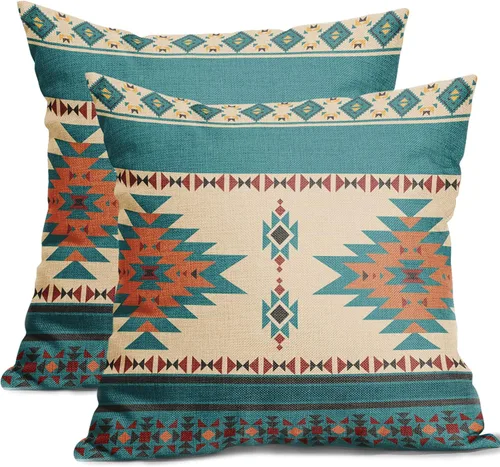 Kawani Fundas de Almohada Decorativas Occidentales 18x18 Pulgadas Turquesa Vintage Juego de 2 Cojines Decorativos Aztecas del Suroeste Lino Cubierta