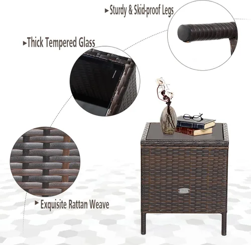 Miniatura 3 de Juego de muebles de patio de 3 piezas, muebles de mimbre para exteriores con cojín resistente al agua y mesa superior de vidrio templado, juego