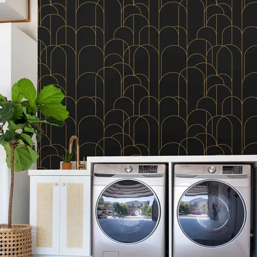 Miniatura 7 de Papel tapiz para despegar y pegar, moderno papel tapiz geométrico negro/dorado, 17.71 x 118 pulgadas, papel tapiz autoadhesivo extraíble, papel