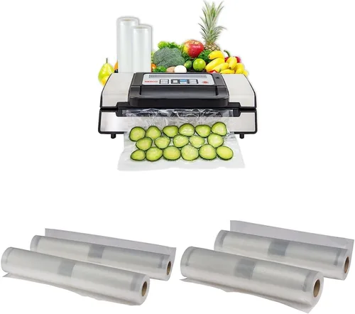 Nesco Deluxe Food VS-12 Sellador al vacío, plateado y VS-04R, dos rollos de sellado al vacío de 11 pulgadas x 20 pies y bolsas selladoras al vacío
