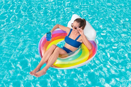 Miniatura 12 de Bestway Anillo de natación grande Flotador inflable de piscina de 42 pulgadas con reposacabezas y soporte para tazas, diseño de arcoíris