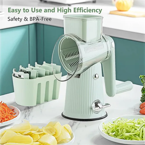 Miniatura 8 de Rallador de queso giratorio con mango: rallador de queso 5 en 1, triturador de queso de manivela con base de succión fuerte, cortador de verduras