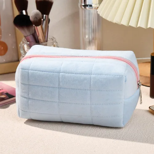 Miniatura 8 de SOIDRAM Bolsa de maquillaje de felpa para cosméticos, bonita bolsa de maquillaje estética, bolsa de maquillaje azul, bolsa de aseo de viaje