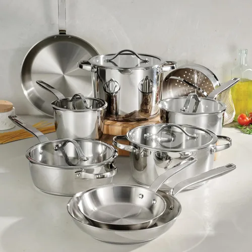 Miniatura 2 de Tramontina Tempo – Juego de 14 piezas de utensilios de cocina de acero inoxidable con base de tres capas con tapas de vidrio, juego de ollas