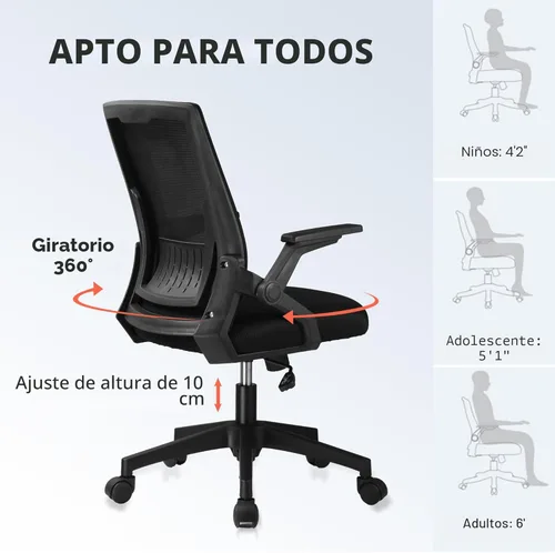 Miniatura 8 de COMHOMA Silla de oficina con reposabrazos abatibles, silla de escritorio ergonómica para computadora con soporte lumbar adaptable y malla Negro