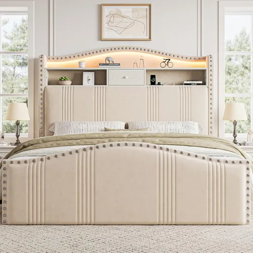 Miniatura 7 de CIKUNASI Marco de cama tamaño completo de 51.5" con cabecero y almacenamiento Marco de cama tapizado de terciopelo con luces LED y estación