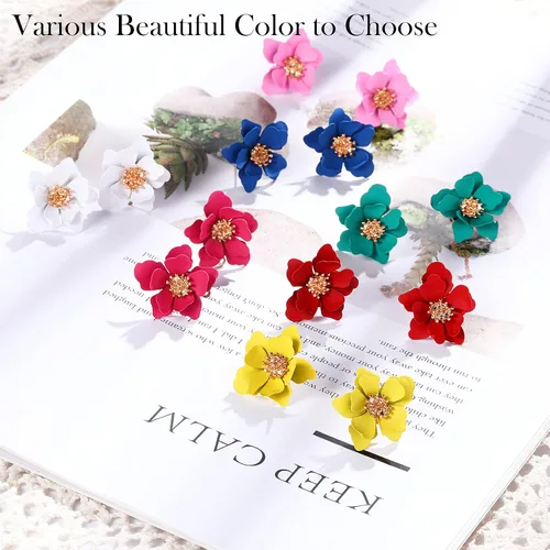 Miniatura 4 de 7 pares de aretes de flores estilo playa boho para mujer, aretes con forma de margarita con brote dorado