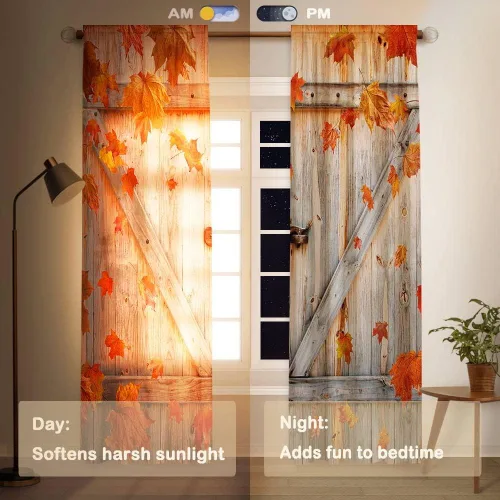 Miniatura 3 de Funnytree Cortina de otoño para ventana, diseño rústico de Acción de Gracias, con estampado de puerta de madera, decoración del hogar, bolsillo