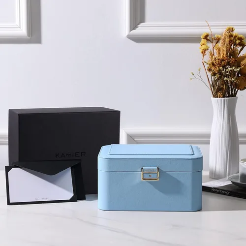 Miniatura 4 de KAMIER Organizador de aretes, organizador de joyas portátil de piel sintética de 2 capas, gran capacidad, doble cerradura y espejo grande, ganchos
