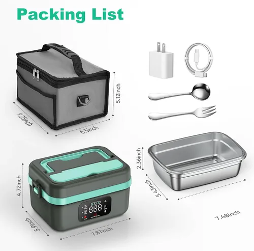 Miniatura 6 de EDCERATY - Fiambrera eléctrica para adultos, calentador de alimentos autocalentable recargable de 60 W con recipiente de acero inoxidable de 1