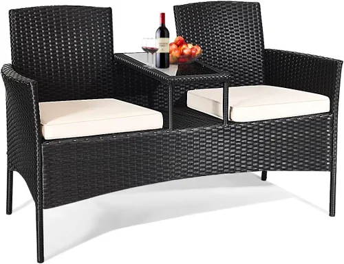 Miniatura 9 de LDAILY Juego de conversación para patio, sofá biplaza de ratán moderno, juego de muebles para exteriores con cojines y mesa extraíbles, juego de Rojo