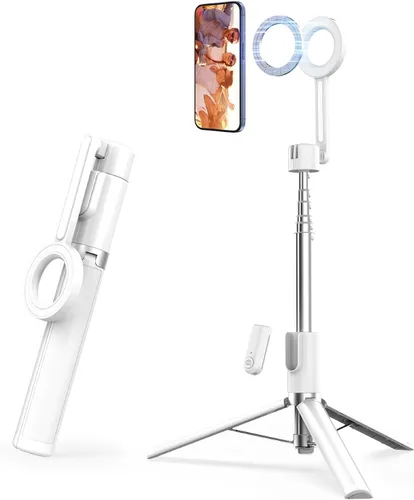 Miniatura 9 de SEAJIC Trípode magnético para teléfono con palo selfie de 64" para iPhone con control remoto y anillo de metal, trípode de viaje automático