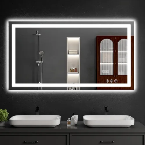 Espejo de baño LED de 30 x 48 pulgadas con luces, regulable, antivaho, espejo de tocador de baño para pared, retroiluminado + luz frontal, función