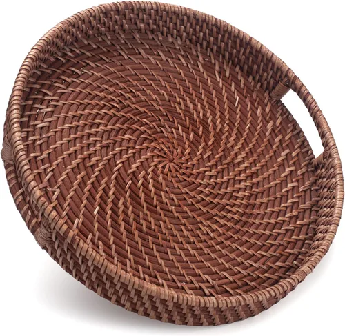 Miniatura 7 de Bandeja de ratán de 11 pulgadas, bandeja redonda de mimbre con asas recortadas, bandeja tejida para comedor / mesa de café
