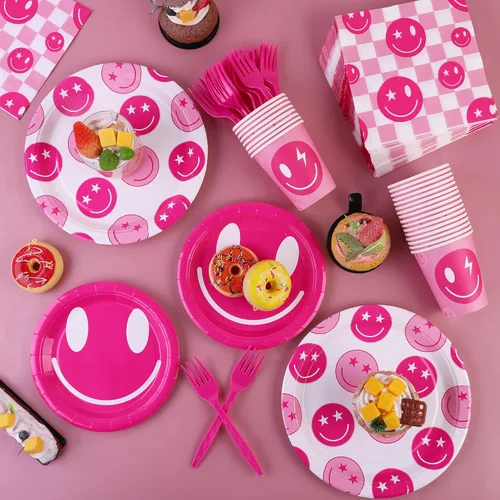 Miniatura 5 de durony 144 Piezas Decoraciones de Cumpleaños Preppy Cara Sonriente Rosa Juego de Vajilla Platos Sonrientes Preppy Tazas Servilletas y Tenedores