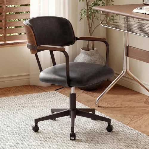 Silla de escritorio moderna de mediados de siglo con diseño de madera curvada de nogal, silla retro de oficina en casa con altura ajustable, giro de