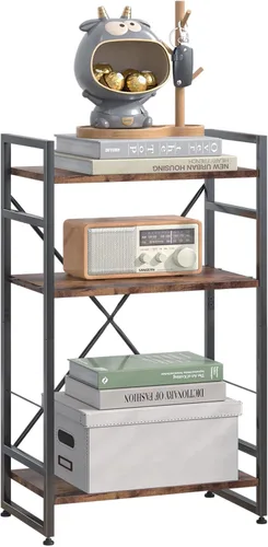 Estantería organizadora de 3 niveles, color marrón rústico para espacios pequeños, estantería de almacenamiento industrial de madera y organizador