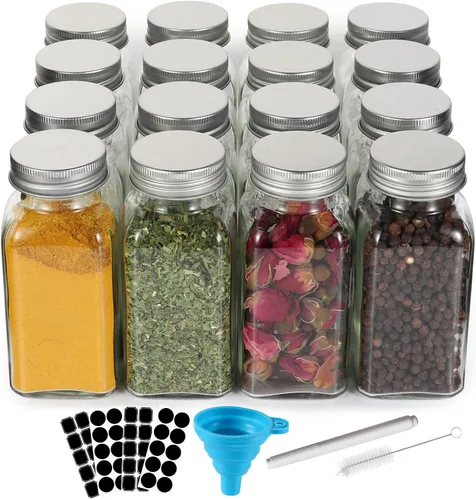 16 paquetes de tarros de especias de vidrio de 6 onzas con 80 etiquetas negras, recipientes cuadrados vacíos de 180 ml para condimentos, botellas