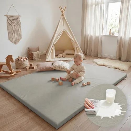 Miniatura 10 de Huloo Sleep Tapete de juego para bebé de 47 x 47 pulgadas, acolchado impermeable de 1.3 pulgadas de grosor, tapete para corral de juegos con cuero