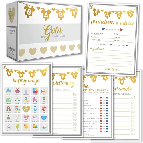 Party Hearty Juegos de baby shower para niña o niño, 250 piezas de 5 juegos de tarjetas de actividades, divertidos juegos de baby shower, género