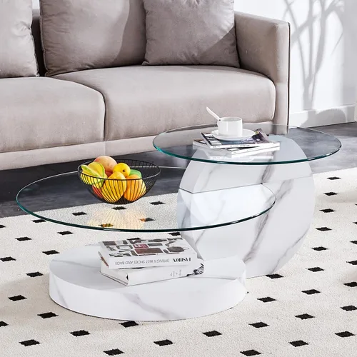 Miniatura 10 de Mesa de café de 35" de vidrio ｜ Mesa de café redonda ｜ Diseño de 3 niveles con superficie de vidrio templado ｜ Base de madera en color negro