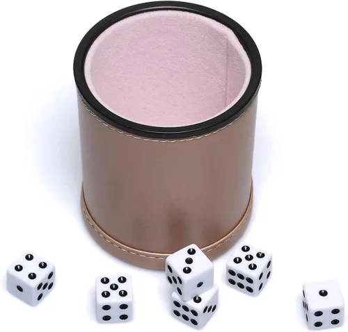 Miniatura 3 de Juego de dados de cuero sintético, cuero de oro rosa y terciopelo de niebla lila, taza de dados profesionales con 6 dados de puntos negros