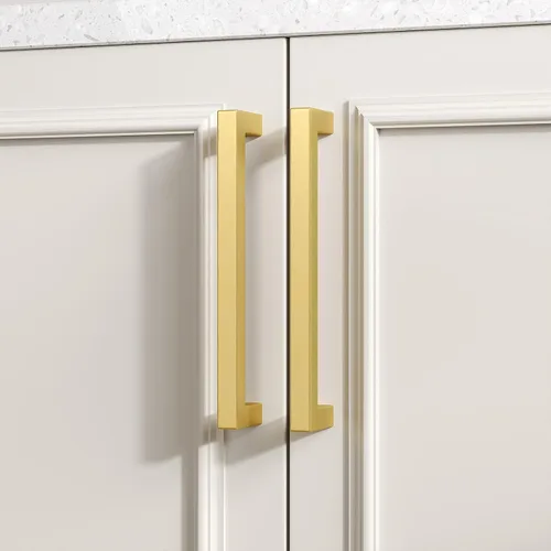 Miniatura 6 de goldenwarm Paquete de 10 tiradores de gabinete dorados de 5 pulgadas, manijas de cajón de latón cepillado, modernas, cuadradas, de acero inoxidable