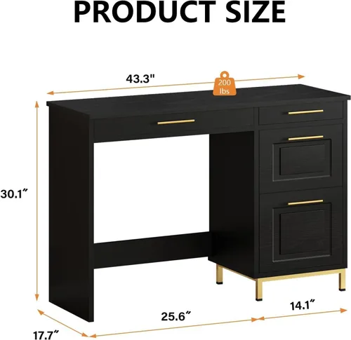 Miniatura 2 de 4 EVER WINNER Escritorio negro con cajones, modernos escritorios de oficina en casa con asas y cajones dorados, mesa de computadora para espacios