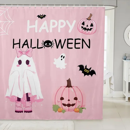 Miniatura 14 de Cortina de ducha de tela de unicornio de Halloween, misteriosa cortina de ducha de flores de castillo estrellado para baño, cortina de ducha