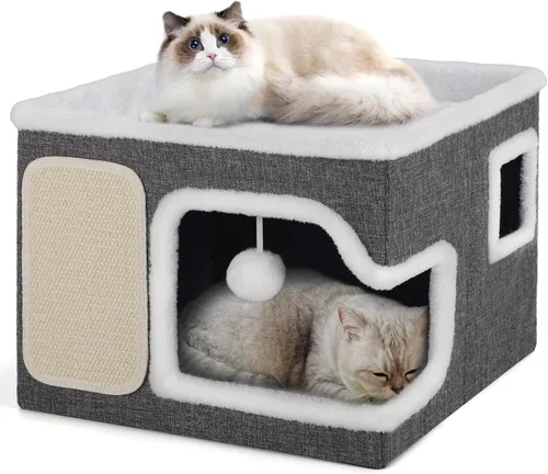 Miniatura 11 de Double Cat Beds for Indoor Cats, 2-Storey Cat House with Large Cozy Hideaways, Dual Purpose Cat Cave Cube with Scratch Pads, Fluffy Balls, Foldable