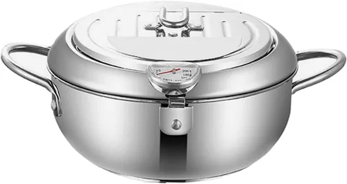 Miniatura 6 de Olla de acero inoxidable, sartén de aceite con termómetro, freidora de fondo plano desmontable de 7.9 in/9.4 in para anillos de calamar perfectos