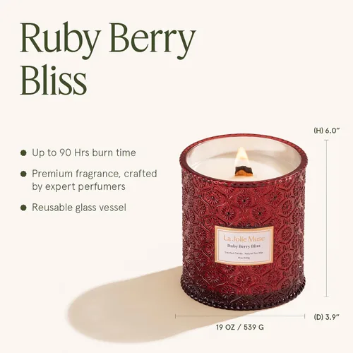 Miniatura 6 de La Jolie Muse - Vela Ruby Berry Bliss - Mandarina, arándano, ciruela - Vela otoñal festiva de 19 oz con mecha de madera, combustión limpia, aroma