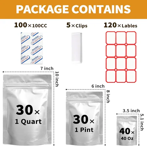 Miniatura 2 de 100 bolsas Mylar con absorbentes de oxígeno de 100 cc, bolsas de almacenamiento de alimentos de 3 tamaños (1 cuarto de galón, 1 pinta, 40 onzas)