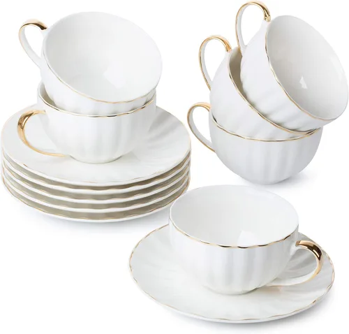 BTaT- - Tazas de capuchino con platillos de 7 onzas, juego de 6, diseño de borde dorado | Juego de tazas de café de porcelana blanca, apto para