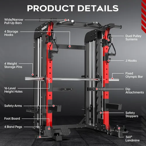 Miniatura 6 de pooboo Multi-Functional Machine Power Cage, 2000LB Squat Rack, LAT-Pull Down System, Dual Pulley Cable Crossover System, Home Gym Workout Machine