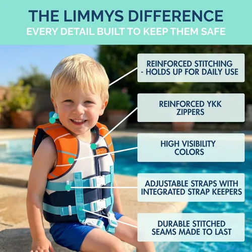Miniatura 4 de Limmys Chaleco de natación para niños pequeños y niños: panel de espuma integrado, certificado CE, diseño galardonado aprobado por los padres, Azul