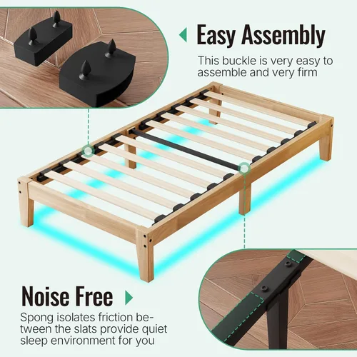 Miniatura 5 de Cama de plataforma de madera maciza de tamaño individual con luz LED, diseño sin ruido con soporte de listones de metal y madera, no necesita