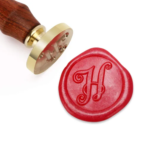 Sello de cera Mceal, sello de latón con mango de madera, sello grande de 30 mm, letra H caligráfica