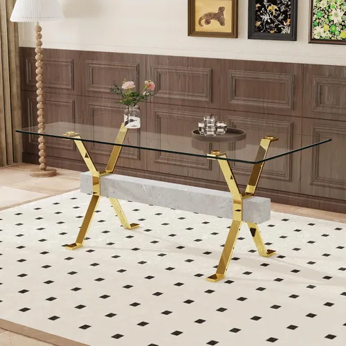 Miniatura 3 de Dining Table. Modern Tempered Glass Dining Table. Large Modern Office Desk with Gold Plated Metal Legs and Gray crossbars, Suitable for Both Home